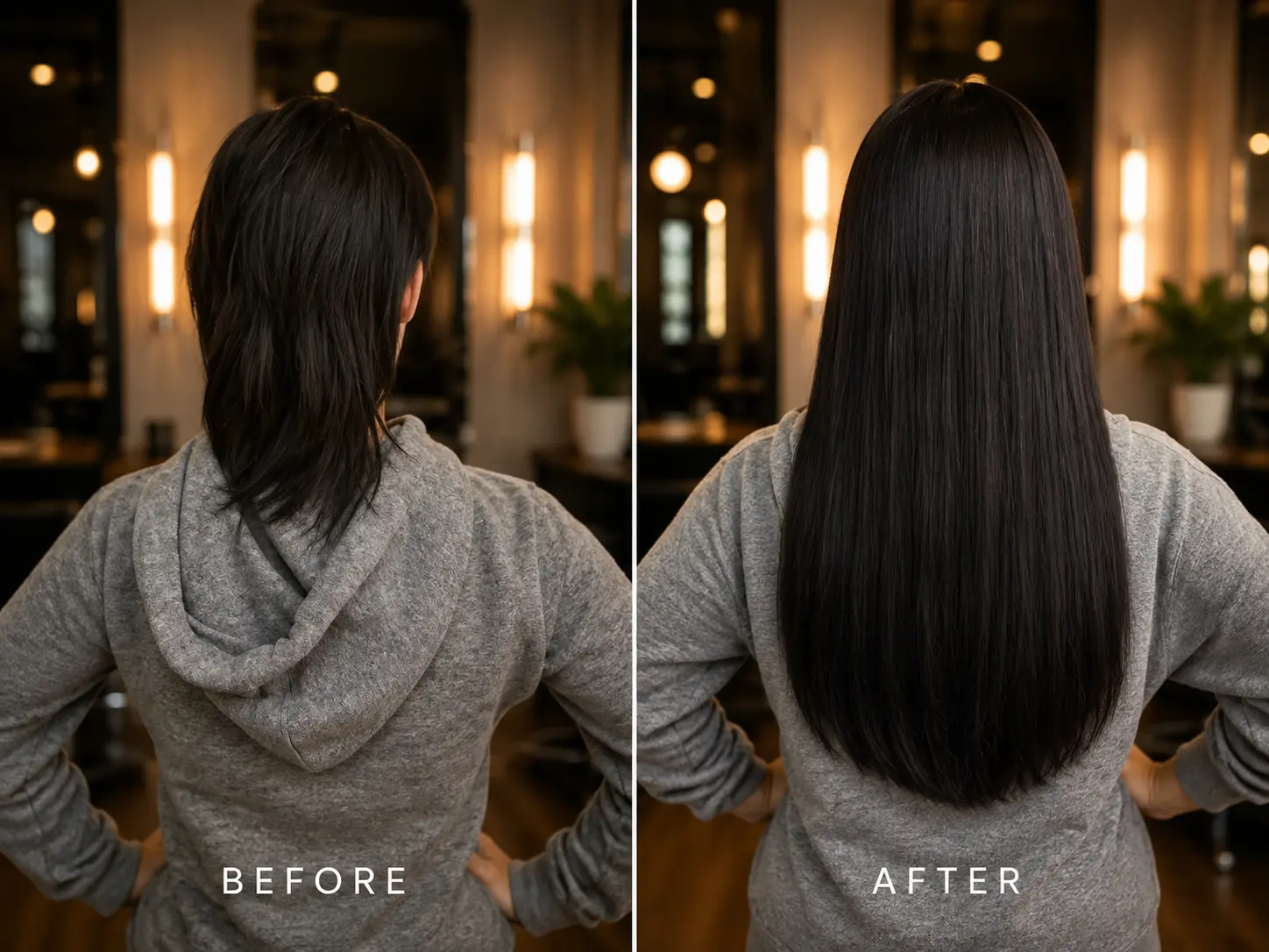 Before and after long black hair extensions color match