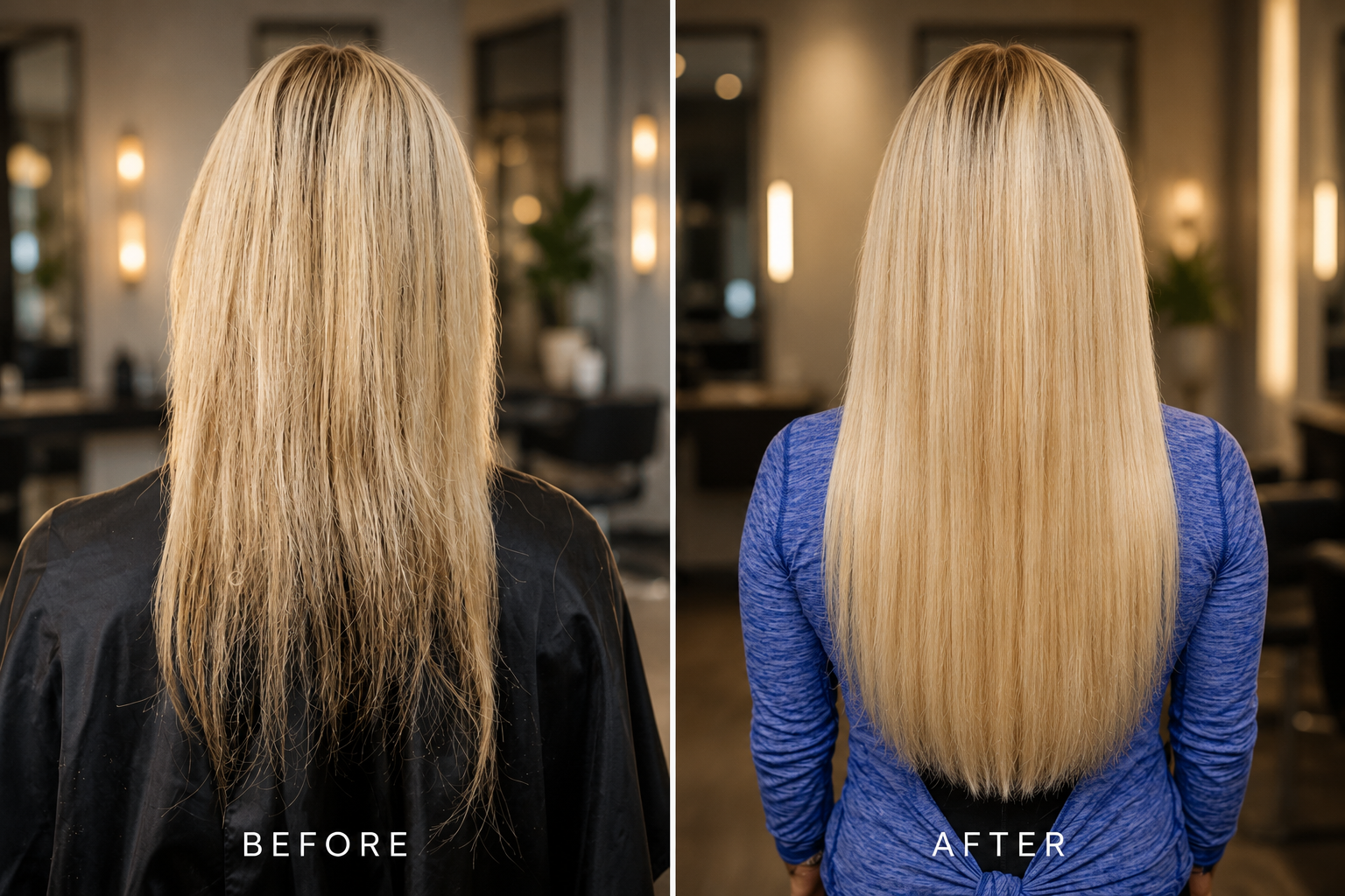 Before and after long blonde hair extensions transformation